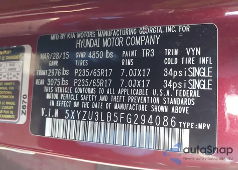 2015 Hyundai Santa Fe Sport 2.4L z USA, uszkodzony, nr VIN 5XYZU3LB5FG294086